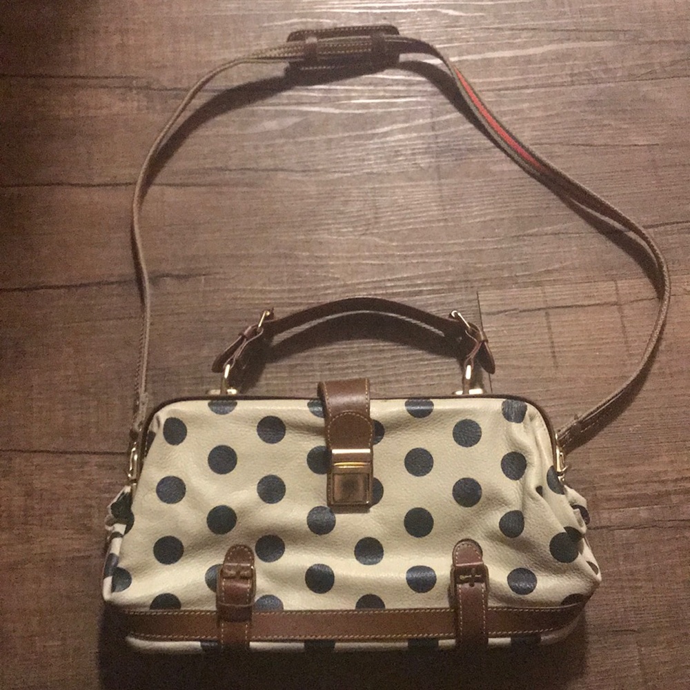 Cream with blue polka dot purse